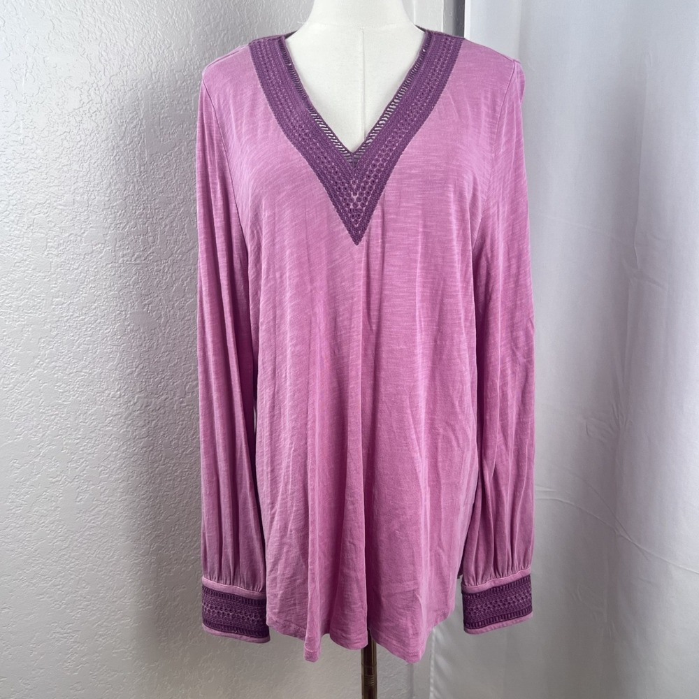 Soft Surroundings Top Womens Large Pink Embroidered V Neck Boho Flowy Casual